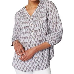 J Jill Madeira Blouse Womens Medium Petite Blue Pintucked Paisley Bohemian